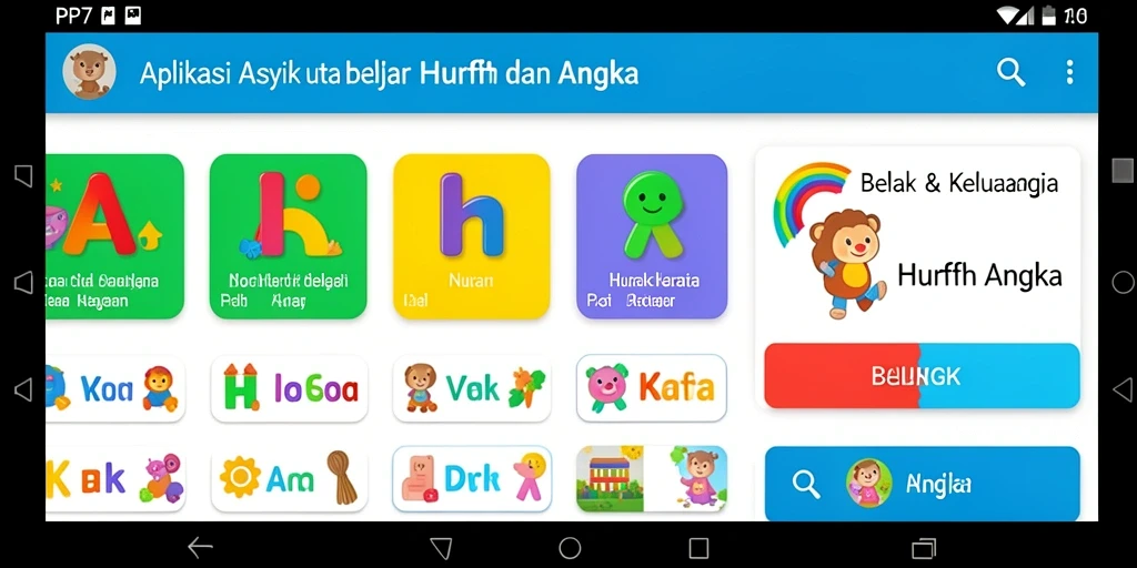Antarmuka interaktif aplikasi PP7 untuk belajar huruf dan angka.